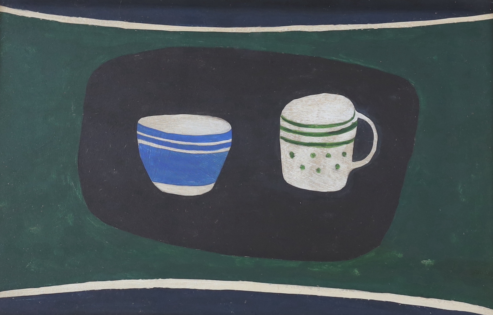 Rachel Nicholson (daughter of Ben Nicholson, b.1934) oil on board, Still life of vessels, signed verso, 28cm x 18cm